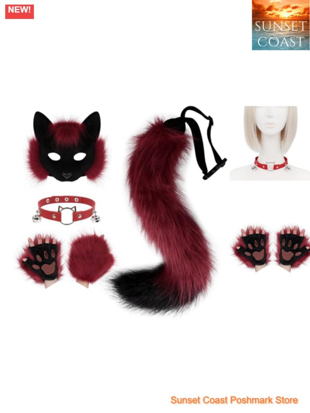 Faux Fur Half Face Mask Paw Gloves Wolf Fox Tail Leather Necklace Costume Set